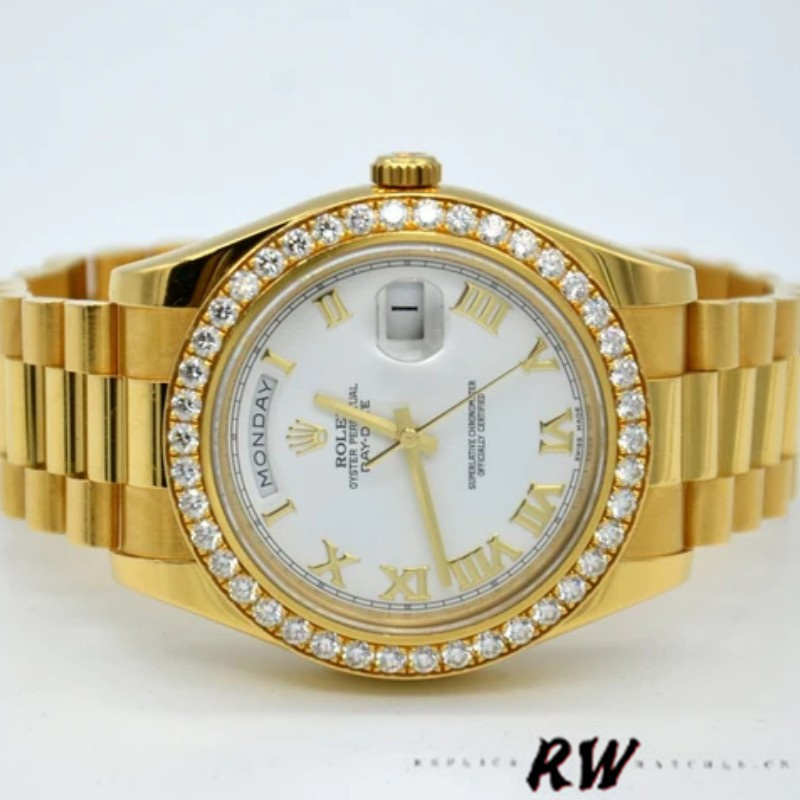 Rolex Day-Date 228348RBR White Roman Dial Diamond Bezel 40mm Mens Replica Watch