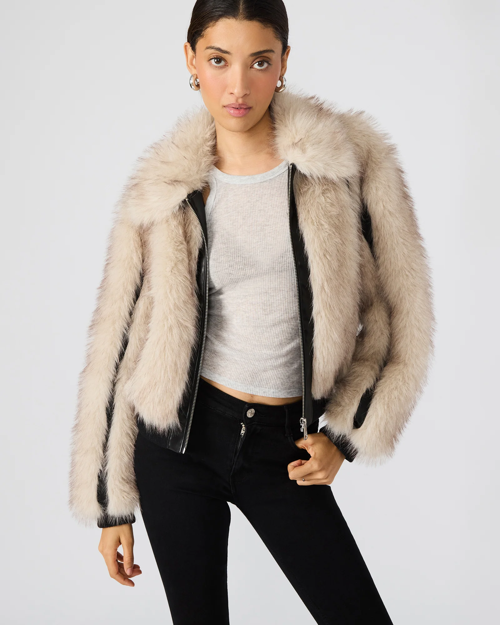 Natural Faux Fur Cropped Zip‑Up Fashion Jacket