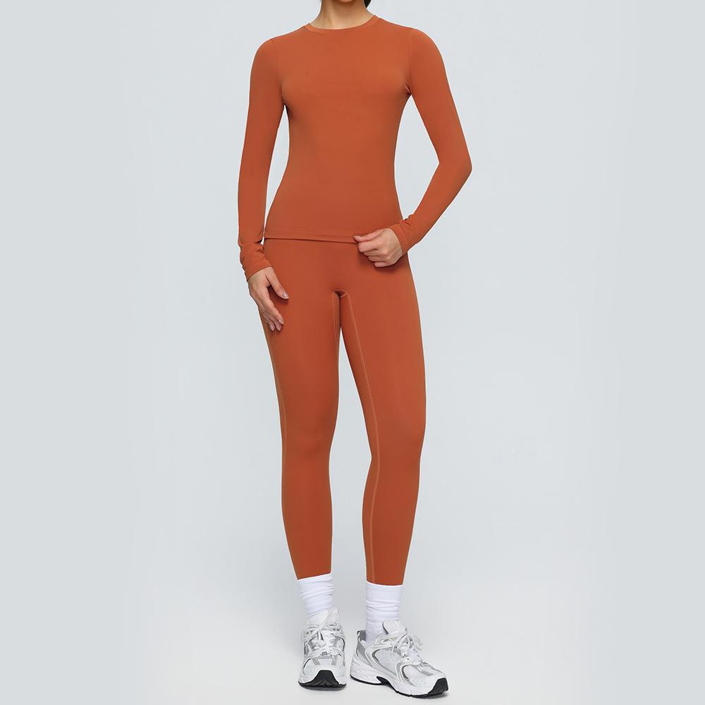 New European and American style double-sided brushed yoga suit set, breathable and tight-fitting sports long-sleeved pants, running and fitness two-piece set