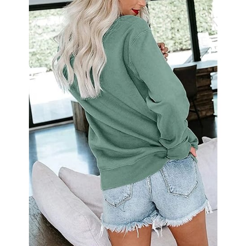 Women's Crewneck Sweatshirt, Cotton Blend Loose Fit Pullover with Side Pockets