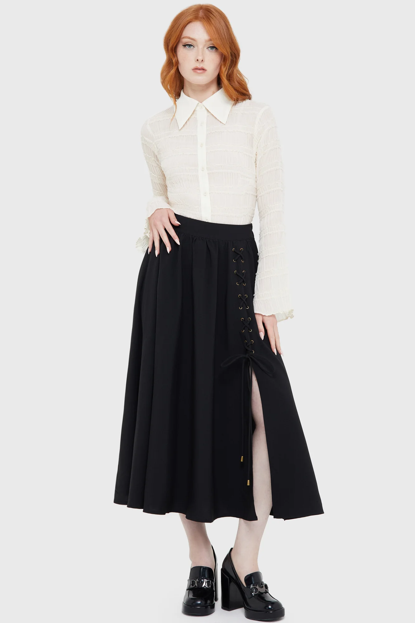 Black Gothic High‑Waist A‑Line Casual Midi Skirt