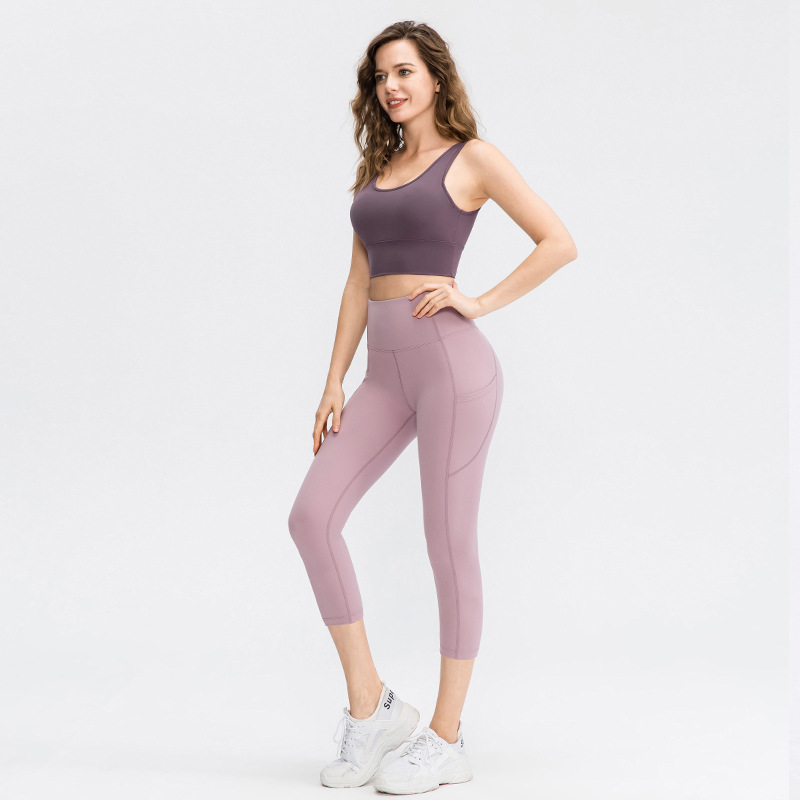 Nude-feel double-sided skin-friendly yoga capri pants with pockets, women's elastic tight-fitting hip-lifting fitness running sports pants