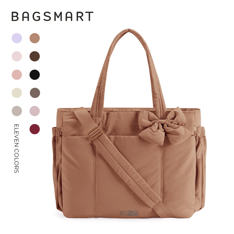 BAGSMART Tote Bag for Women, Puffer Crossbody Bag with Zipper for Women, Quilted Shoulder Bag with Compartments, Coffee Brown