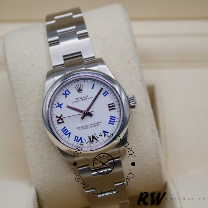 Rolex Oyster Perpetual 177200 White Dial Blue Roman Oyster Bracelet 31mm Lady Replica Watch