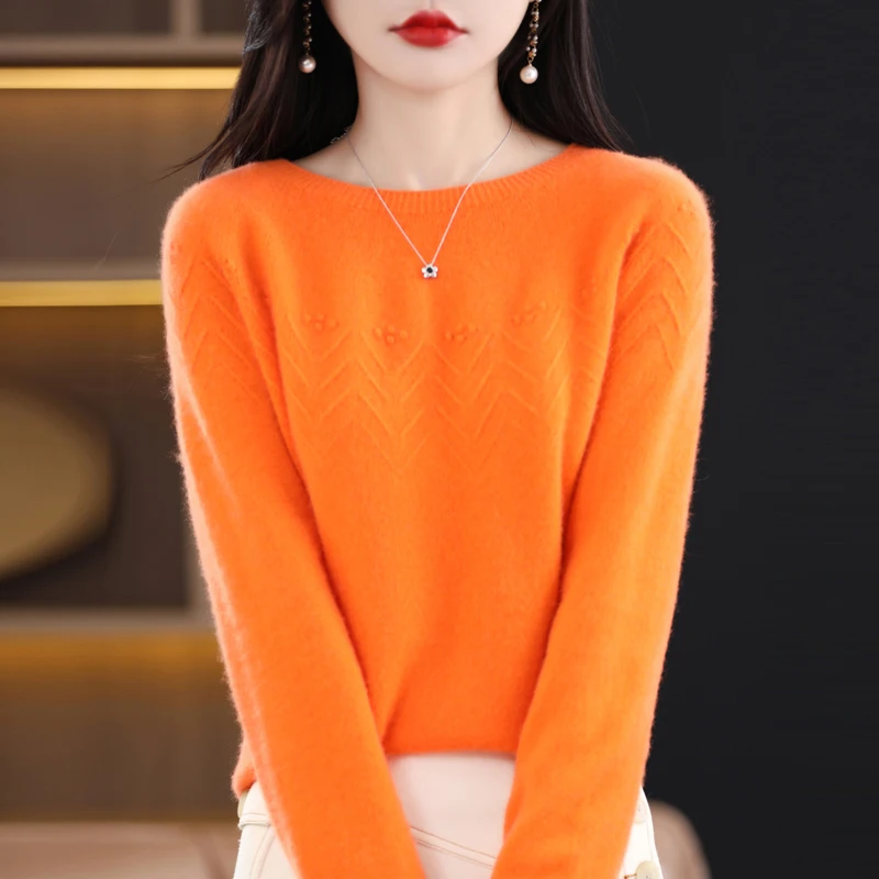 Autumn Winter Pure Wool Monogram Sweater Women First Line Seamless O-neck Pullover Basis Casual Cashmere Knitting Top