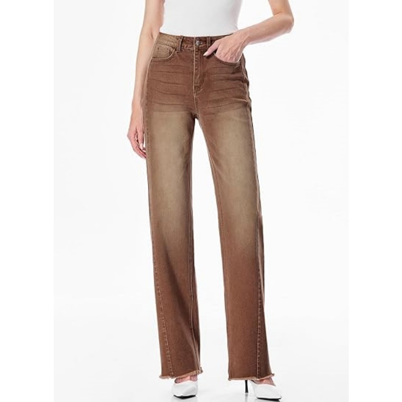 Women's High Waisted Stretchy Wide Leg Jeans, Raw Hem Denim Pants