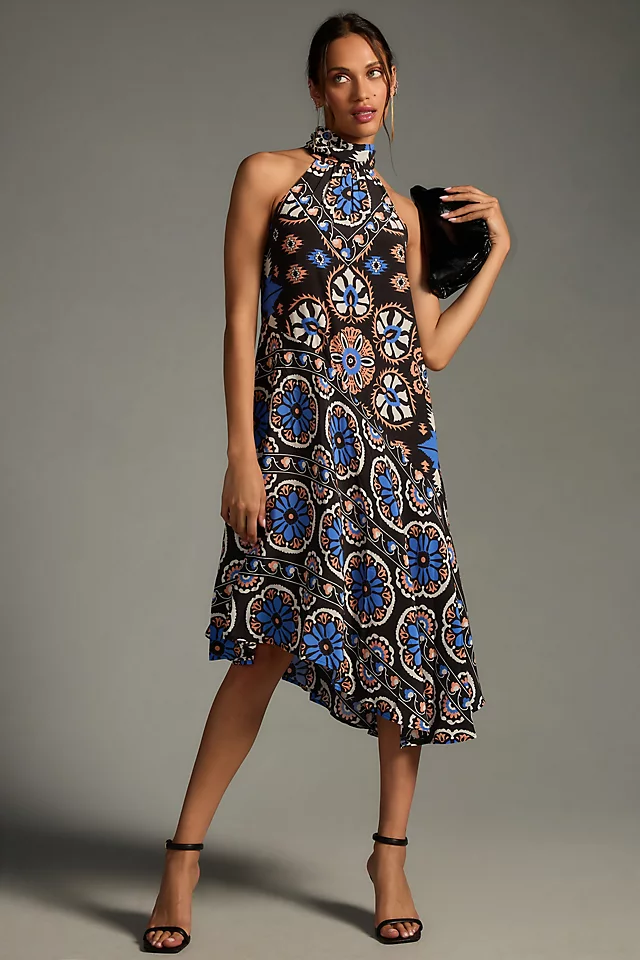 Silk Halter Midi Dress BLUE MOTIF