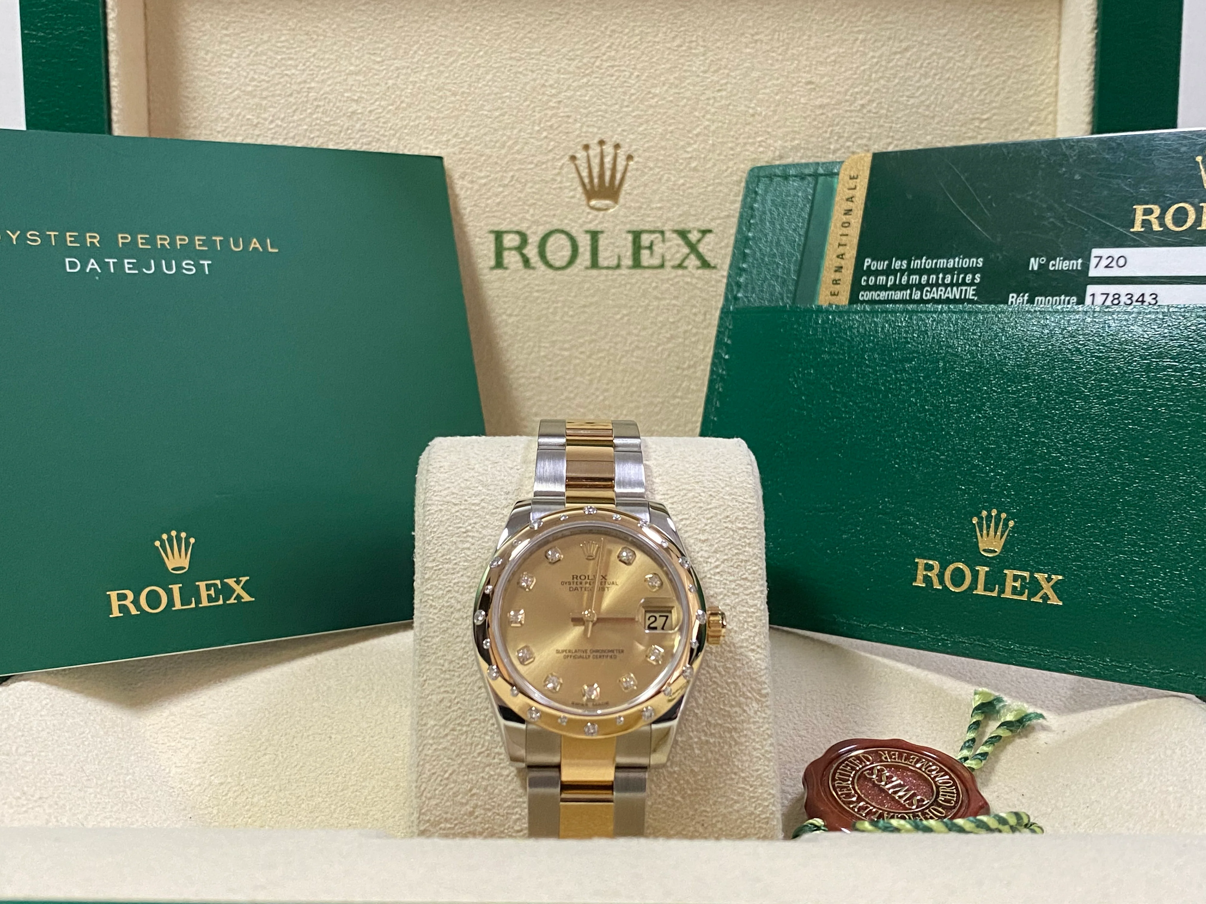 Rolex Steel and Yellow Gold Datejust 31 - 2015 - 24 Diamond Bezel - Champagne Diamond Dial - Oyster Bracelet - 178343