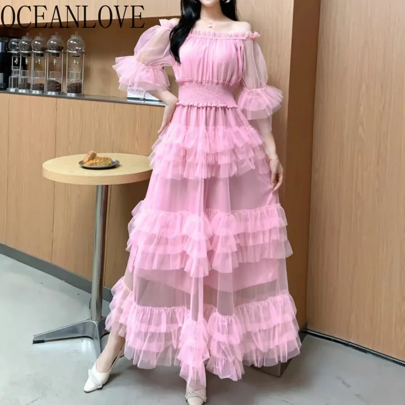 Ruffles Vestidos Mujer Solid Slash Neck Spring Summer Beach Style Vintage Women Dress Fashon Elegant Long