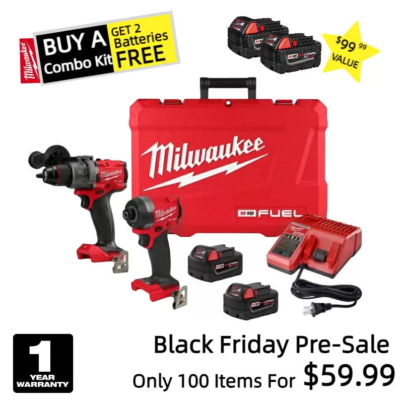Milwaukee M18 FUEL 18V Cordless 2-Tool Combo Kit w/ 5.0AH Batteries, Black Friday Pre-Sale Only $39.99 and 2 Additional 5.0AH Batteries For The First 100 Customers