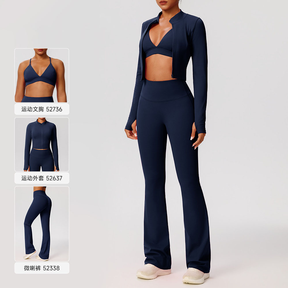 European and American style yoga outfit set for women, high elasticity, tight-fitting sportswear set, breathable and comfortable outdoor running and fitness three-piece set