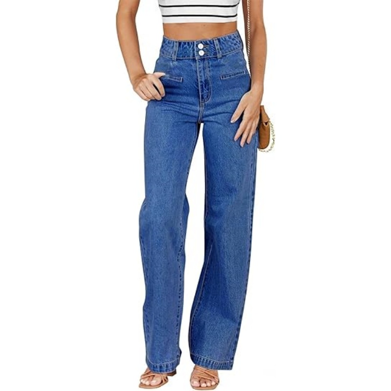 Women's High Waisted Stretchy Straight Leg Jeans, Trendy Loose Wide Leg Denim Pants with Pockets