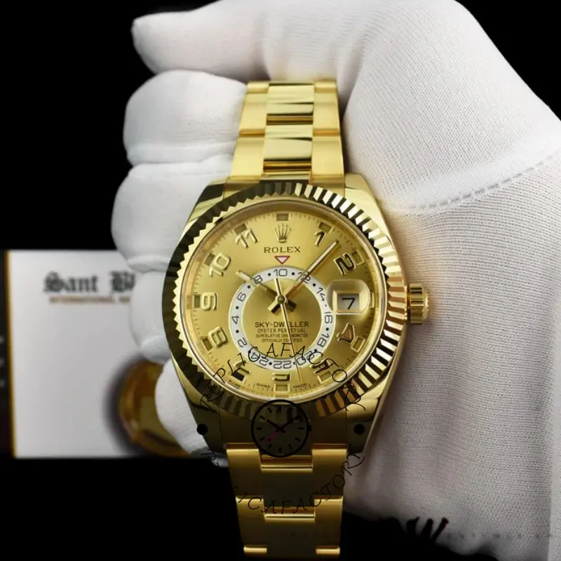 Rolex Sky-Dweller 326938 Yellow Gold Champagne Arabic Dial 42mm Mens Replica Watch