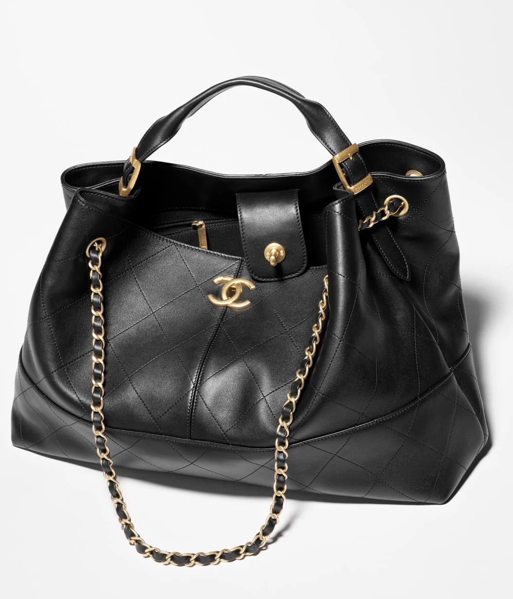 Shopping Bag Calfskin & Gold-Tone Metal  Black