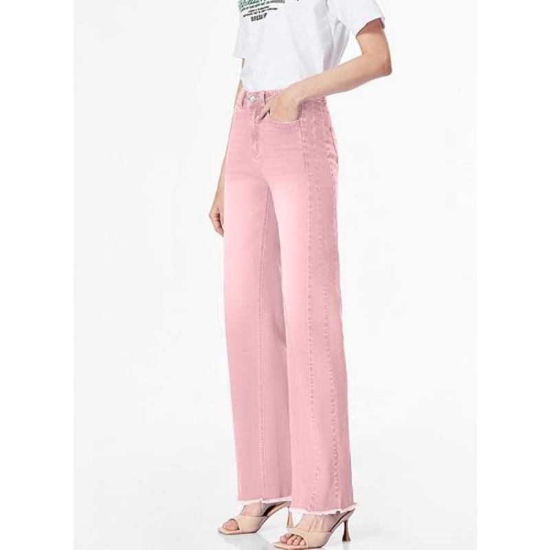 Women's High Waisted Stretchy Wide Leg Raw Hem Jeans
