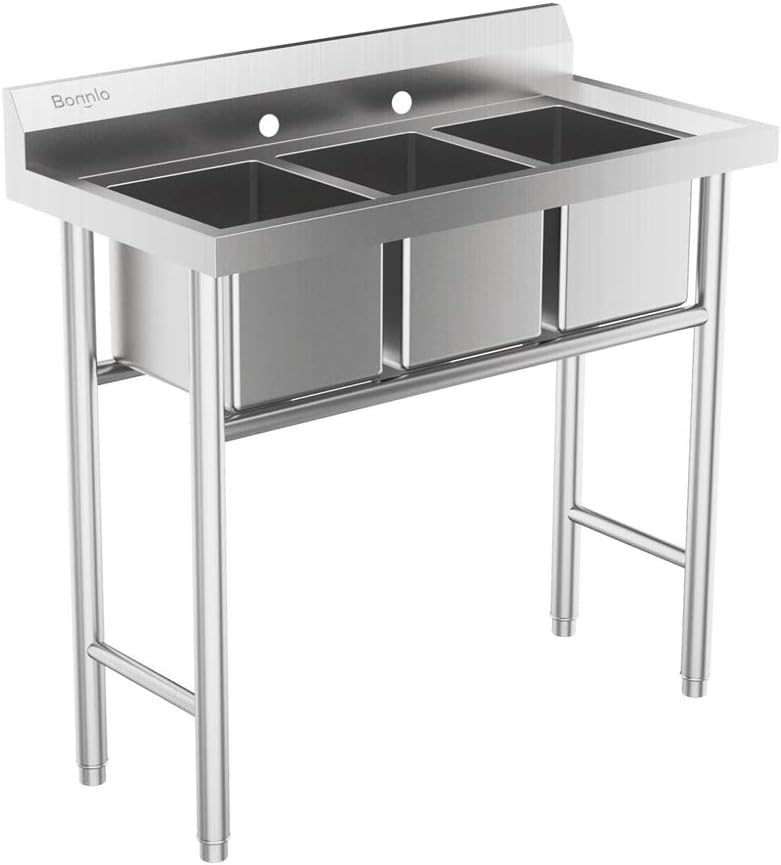 Bonnlo 3-Compartment 304 Stainless Steel Utility Sink Commercial Grade Laundry Tub Culinary Sink for Outdoor Indoor, Garage, Restaurant, Kitchen, Laundry/Utility Room - 39” W x 18” D x 37.4” H