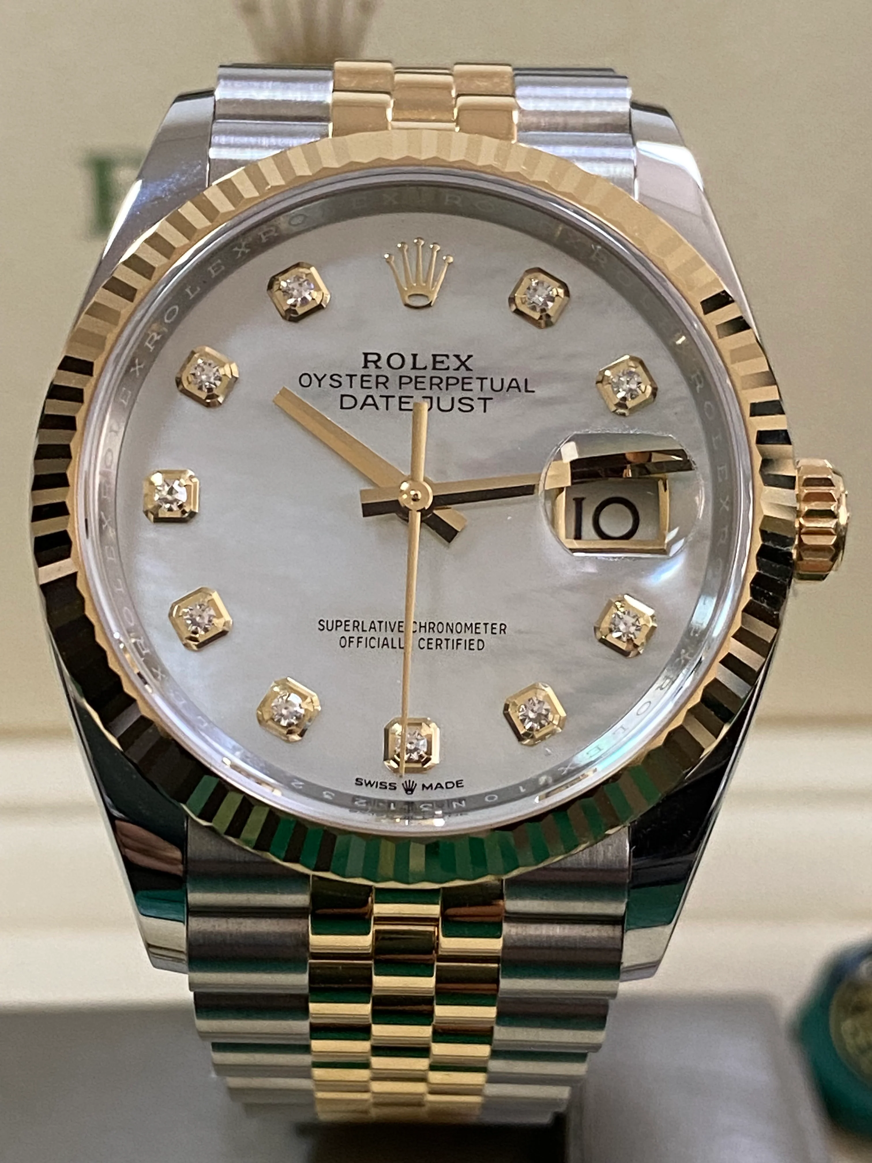 Rolex Steel and Yellow Gold Datejust 36 - 2023 - Fluted Bezel - White Mother-Of-Pearl Diamond-Set Dial - Jubilee Bracelet - 126233