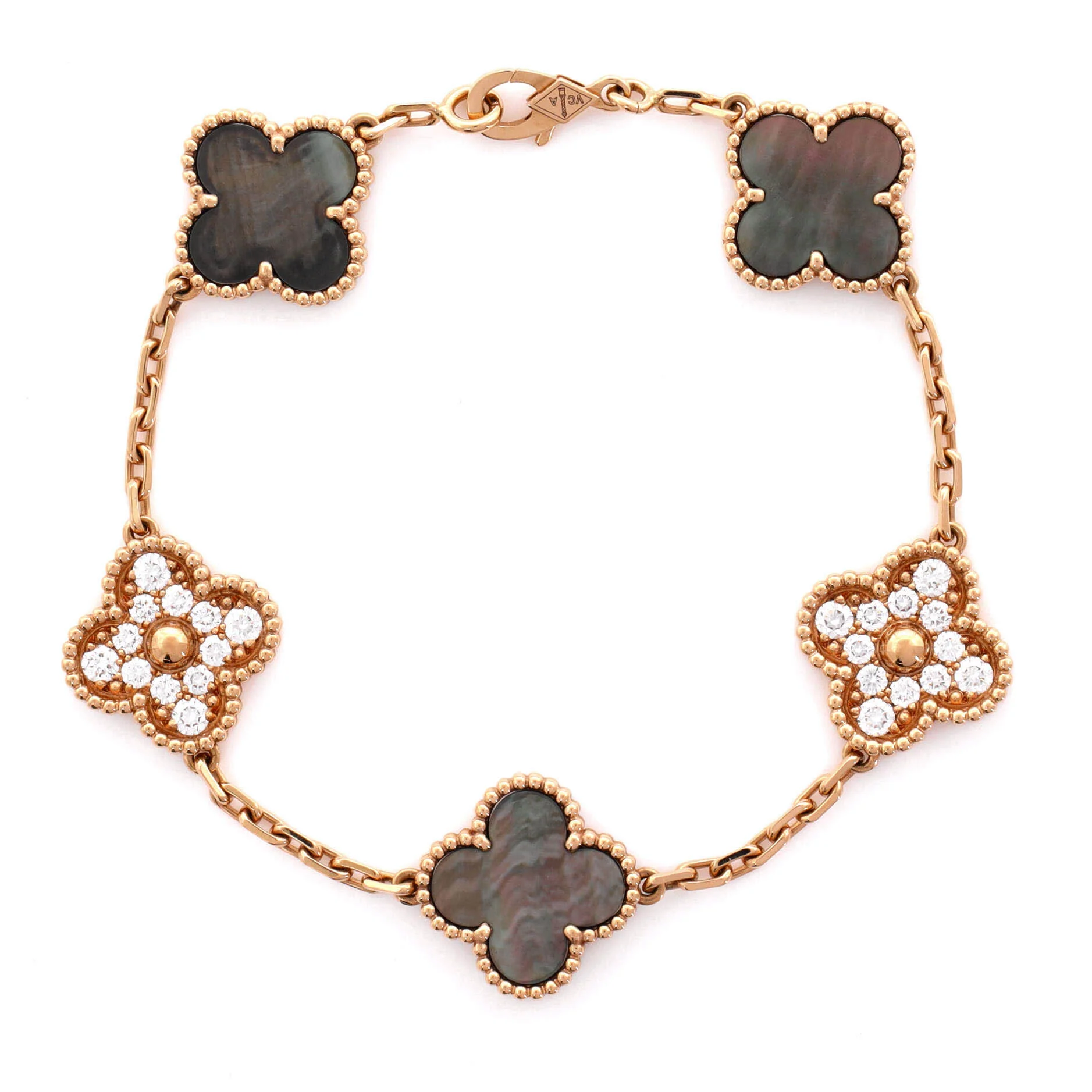 Vintage Alhambra 5 Motifs Bracelet 18K Rose Gold and Mother of Pearl with Diamonds