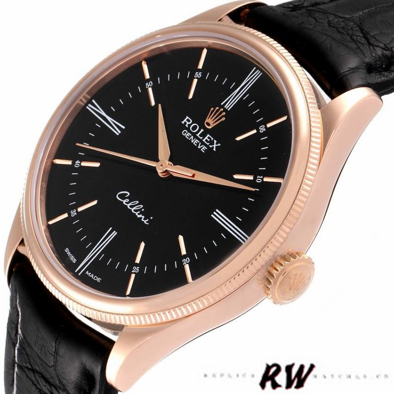 Rolex Cellini Time 50505 Black Leather Strap Black Dial 39mm Mens Replica Watch