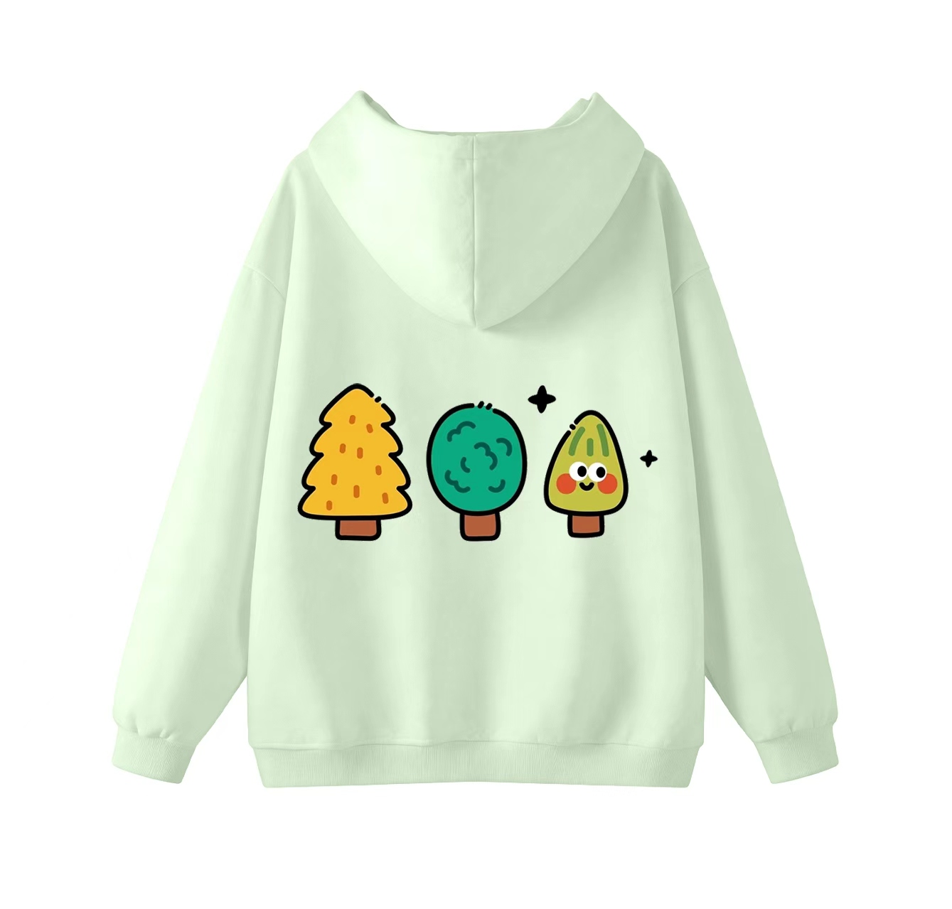 This adorable hooded sweatshirt features a three-tree print and is a casual pullover. Its stand-up collar also makes it an ideal choice for winter wear.