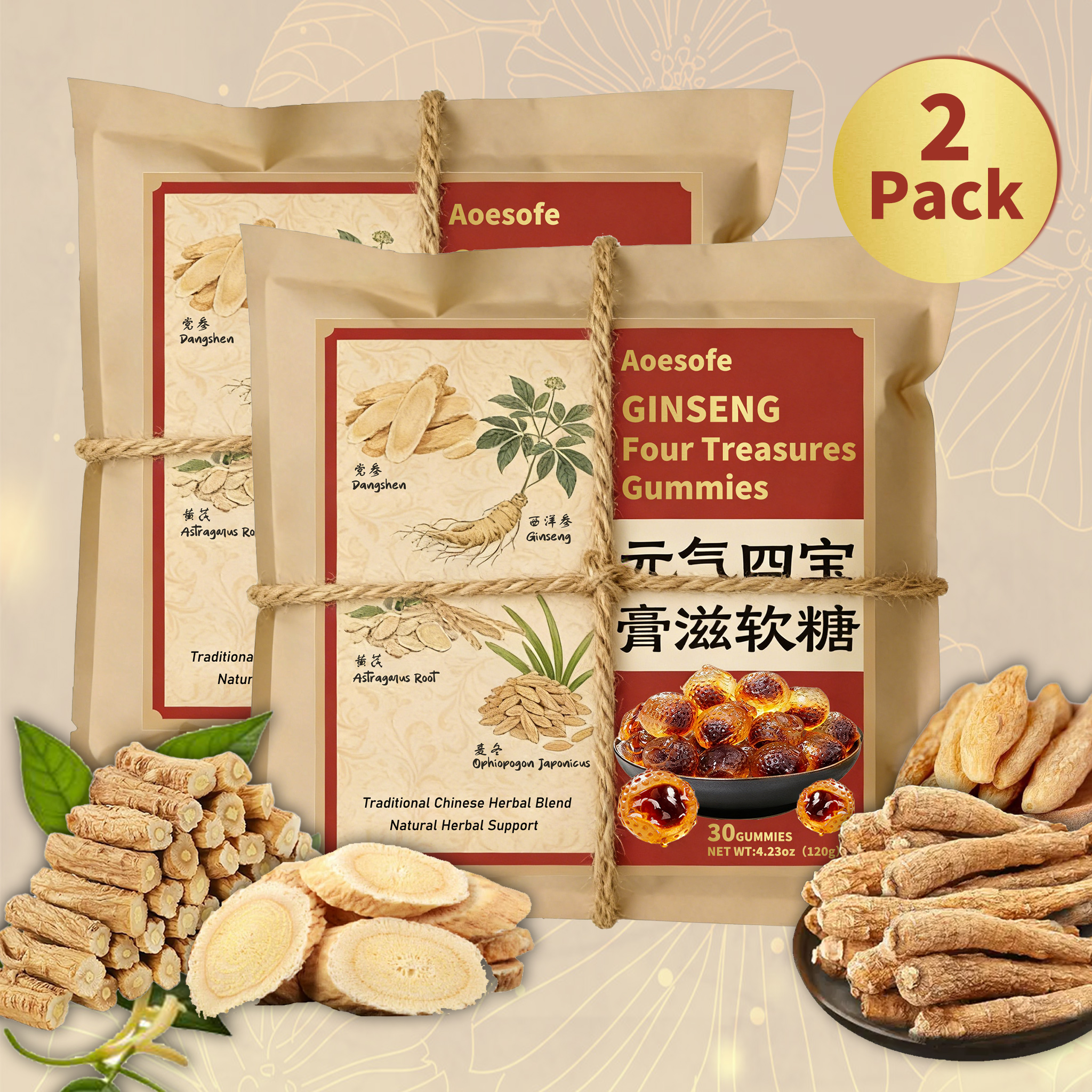 Aoesofe Ginseng Four Treasures Gummies, Traditional Chinese Herbal Blend with Dang Shen, American Ginseng, Astragalus & Ophiopogon, Soft Chewy Texture, Individually Wrapped for On-the-Go & Daily Use, 30 Count Per Pack, Natural Herbal Flavor for Adult