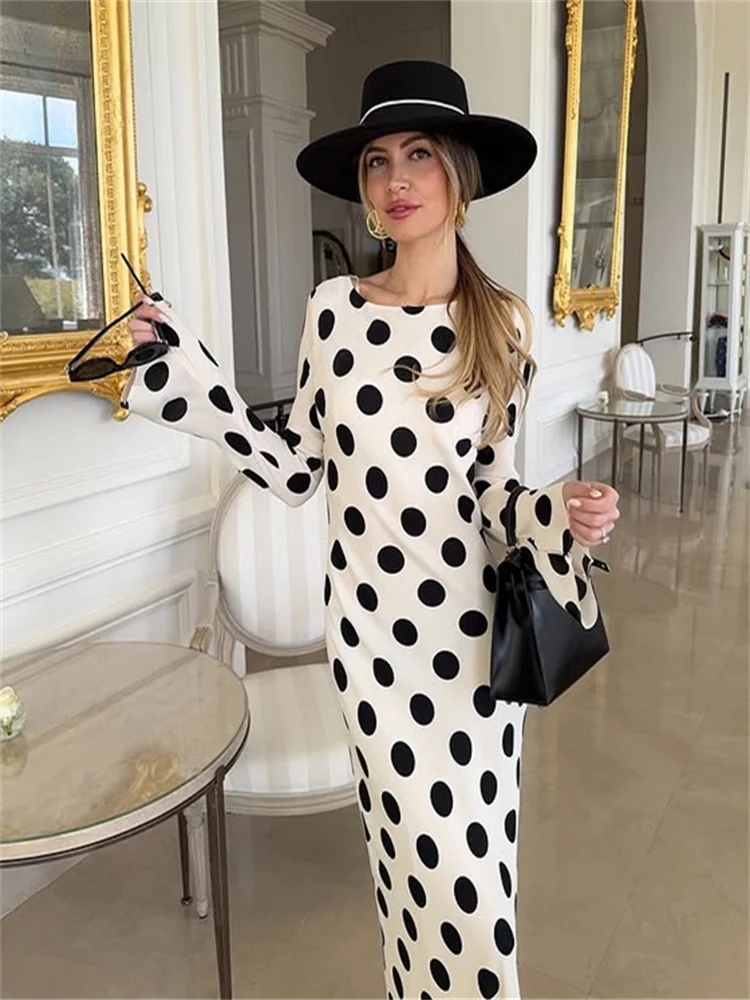 Sexy Polka Dot Women’s Long Dress Square Collar Waist Cinching Belt Flare Sleeve Maxi Dressess Lady 2026 Summer Evening Vestidos