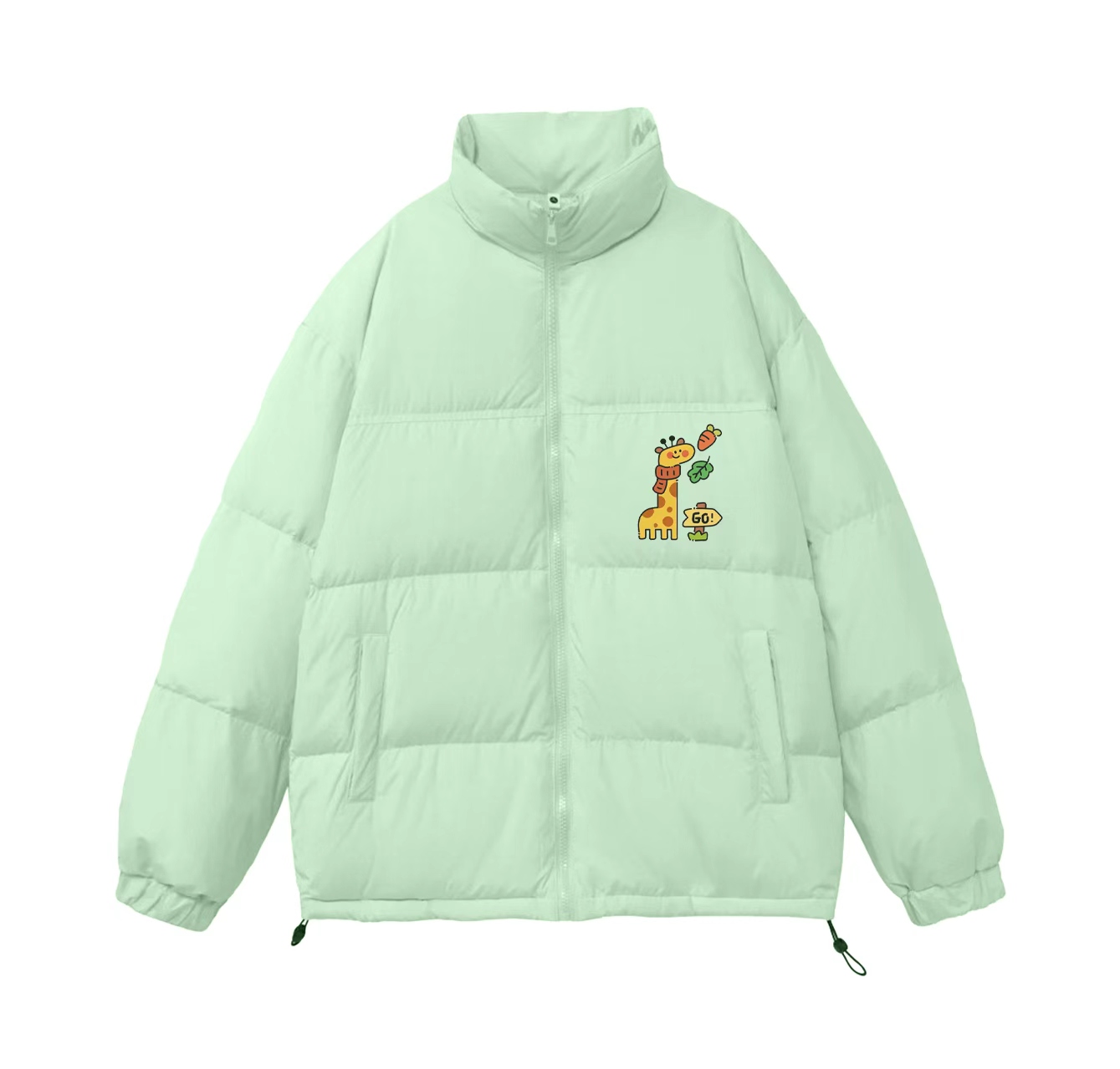 This down jacket, featuring a giraffe wearing a scarf, is a must-have for your summer wardrobe. Its stand-up collar also makes it perfect for winter wear.