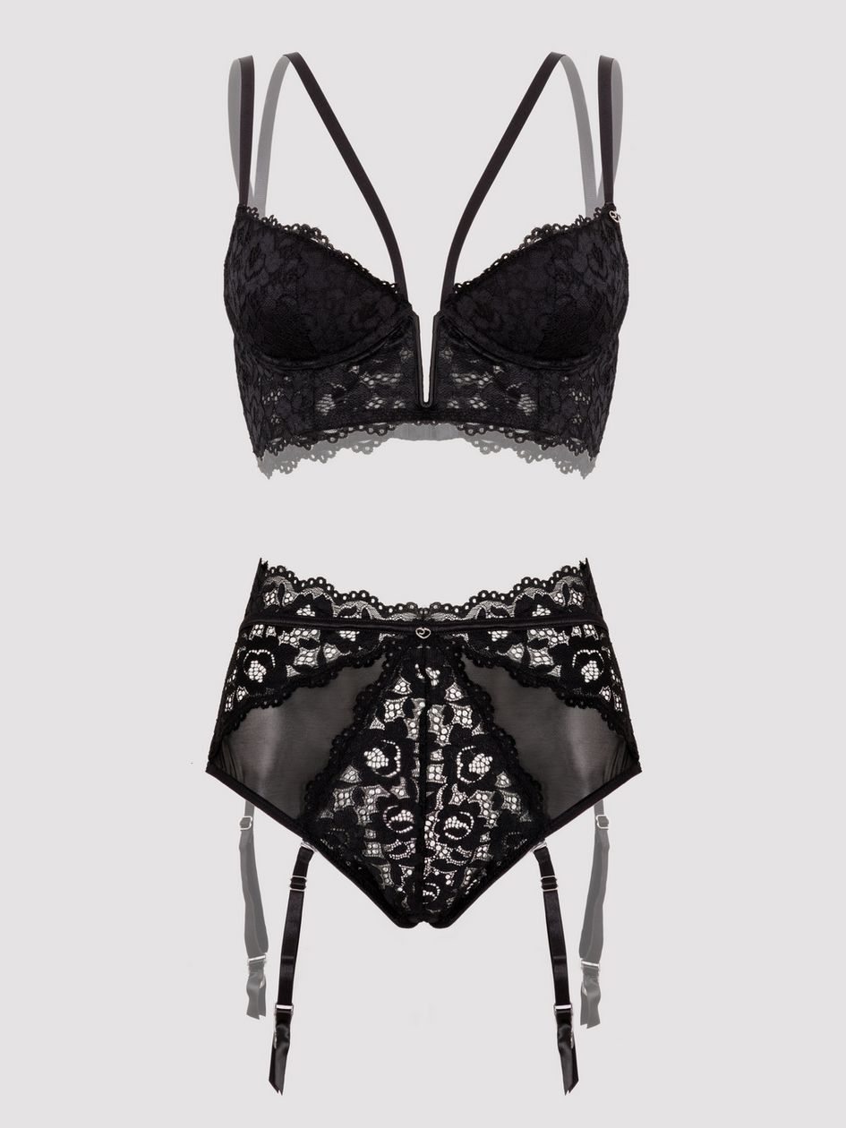 Lovehoney Plus Size Parisienne Black Lace Plunge Longline Bra Set