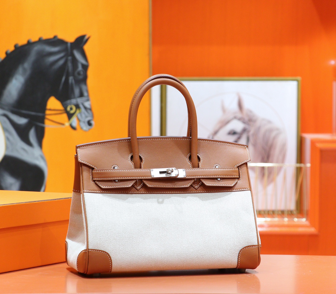 Hermes Birkin gold-plated bag, golden-brown Swift combination, original canvas, fully hand-sewn, silver buckle, 30cm long customization
