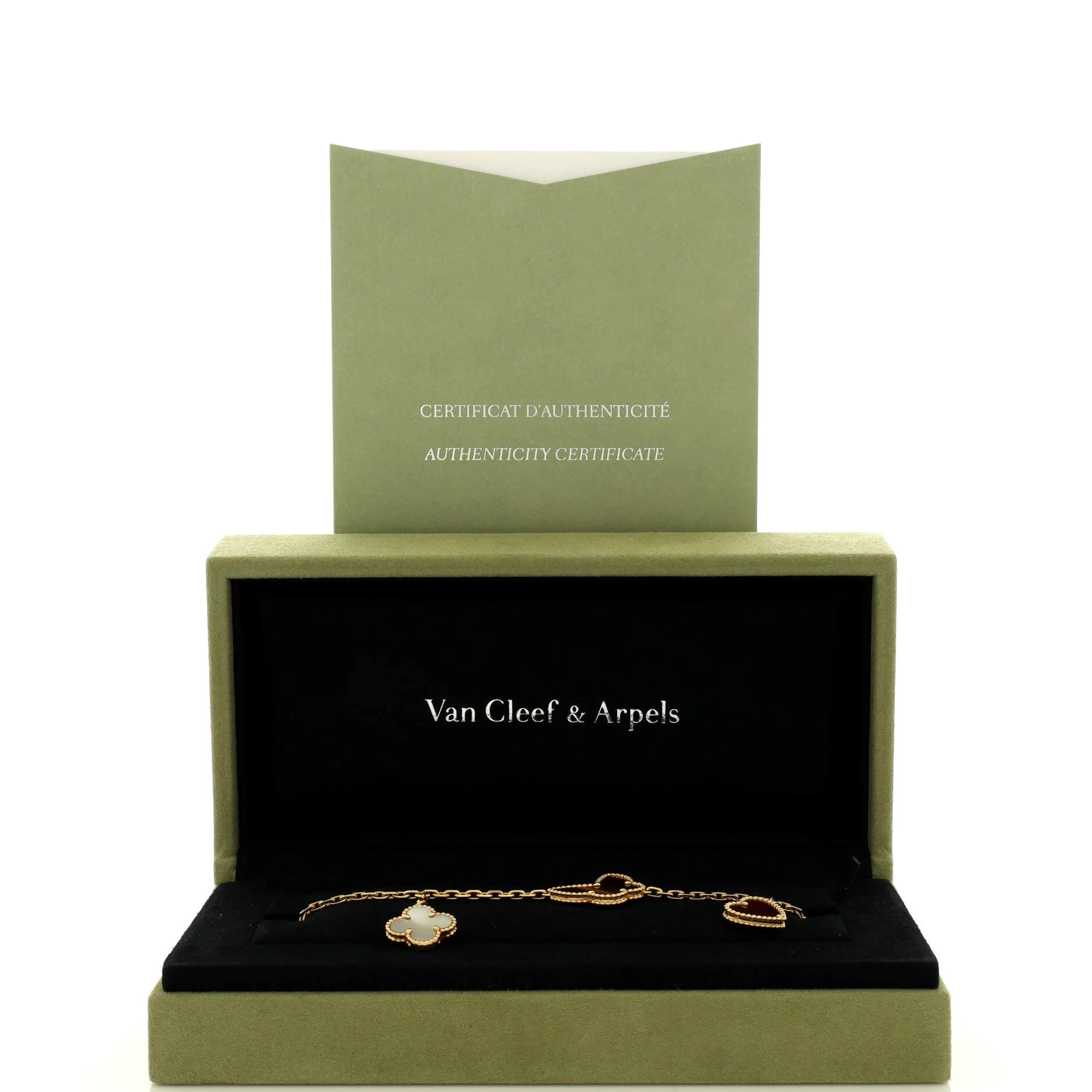 Lucky Alhambra 4 Motifs Bracelet 18K Yellow Gold with Carnelian, Malachite, Mother of Pearl and Tiger Eye