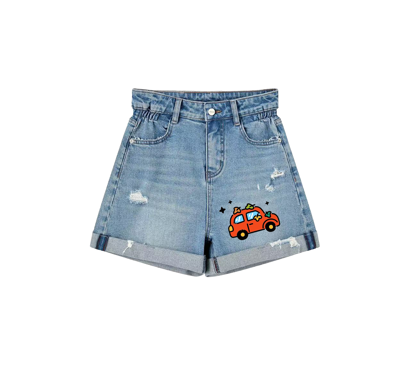 Denim shorts featuring a small car print—an essential item for your summer wardrobe.