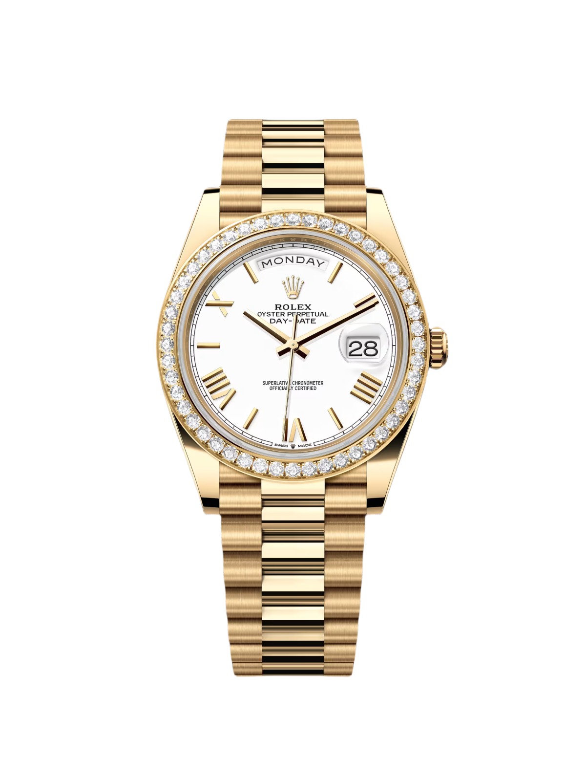 【Super Clone】RLX  Day-Date "President" 40mm Yellow Gold White Roman Dial Diamond Bezel - 228348rbr