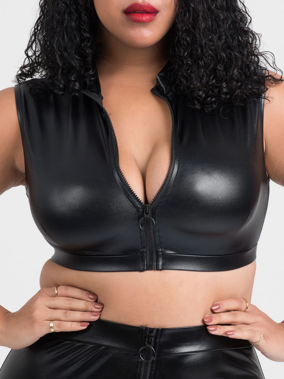 Lovehoney Plus Size Fierce Black Wet Look Zip-Up Crop Top
