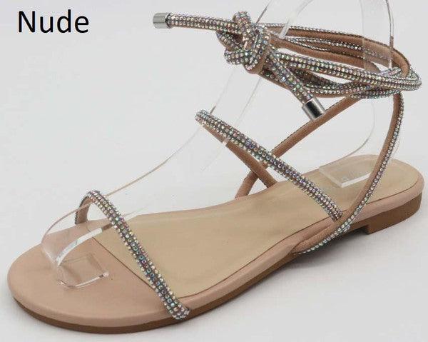 Sequined Lace Up Low Heel Sandal