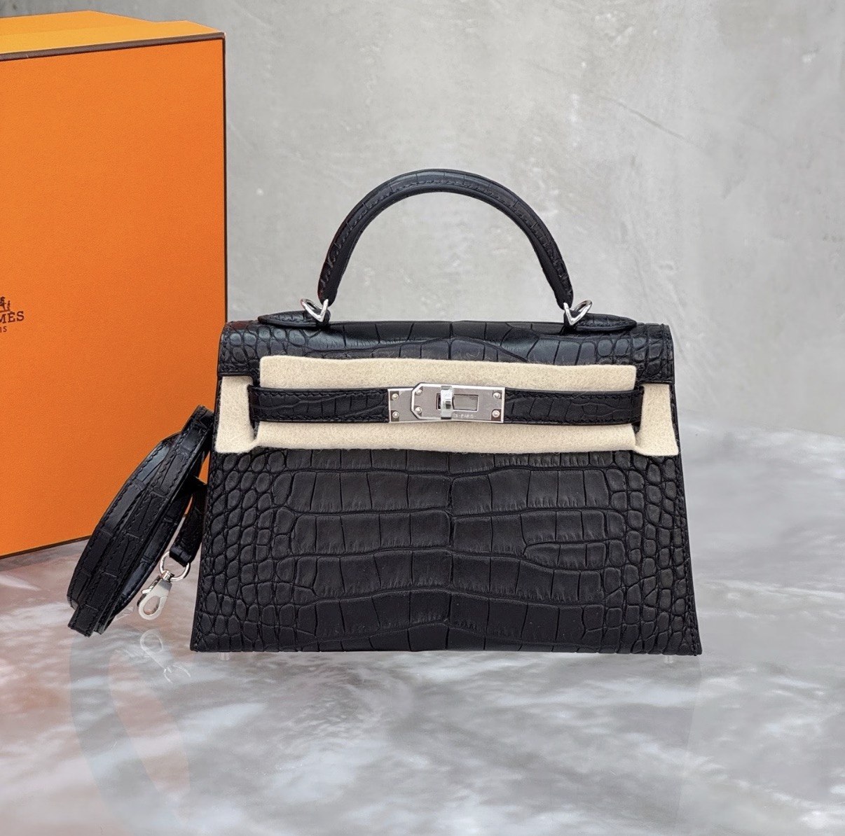 Kelly mini 2 silver hardware black matte American crocodile leather custom - Artisantouchss