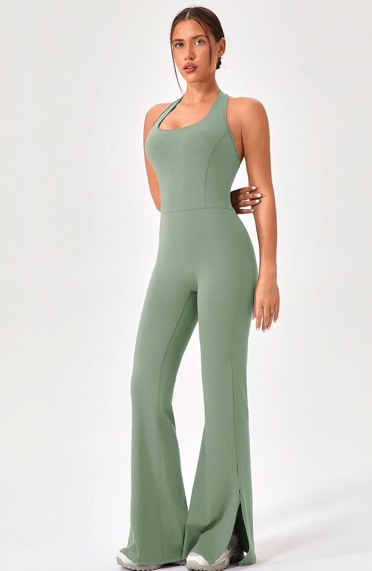 European and American style yoga bodysuit flared pants women's nude tight-fitting dance fitness wear hip lifting sports running bodysuit