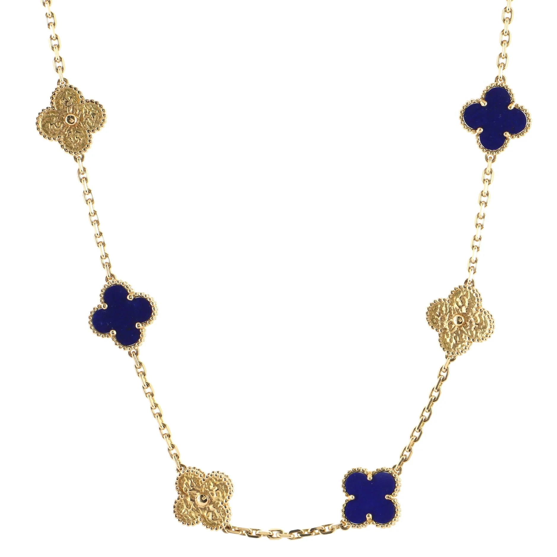 Vintage Alhambra Alternating 10 Motifs Necklace 18K Yellow Gold and Lapis Lazuli