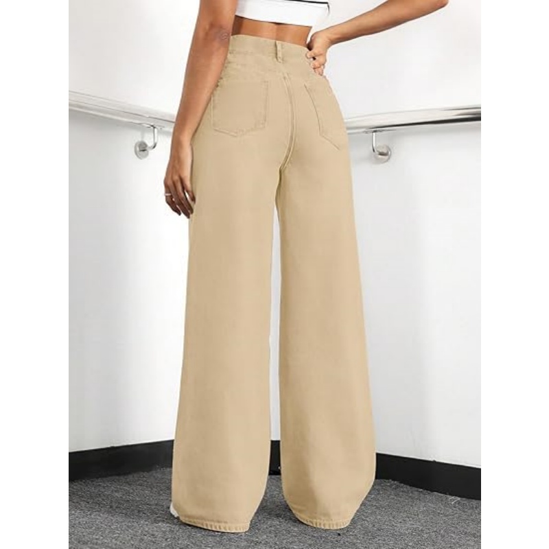 Women's High Waisted Stretchy Straight Leg Jeans, Loose Baggy Boyfriend Wide Leg Denim Pants