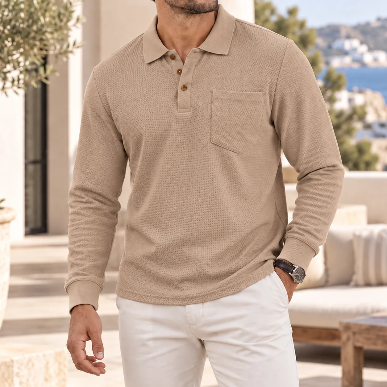 Mivanity Men's Premium Textured Polo Shirt Long Sleeve Casual Chest Pocket Top