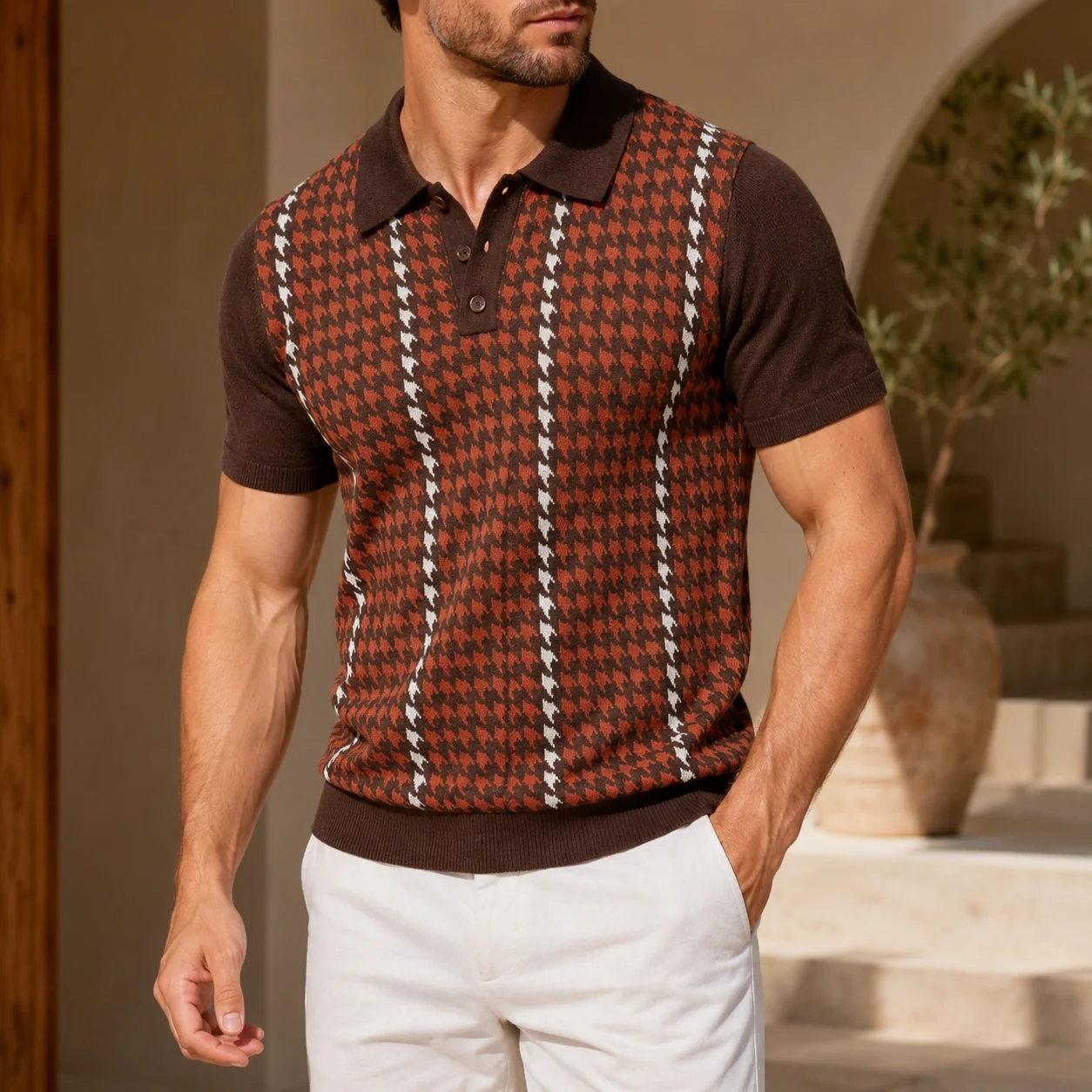 Mivanity Men's Houndstooth Jacquard Short-Sleeve Knit Shirts