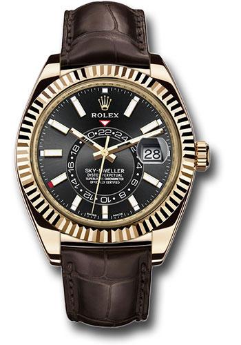 Rolex,Sky-Dweller Yellow Gold Sky-Dweller Watch - Black Index Dial - Brown Leather Strap - 326138 bk