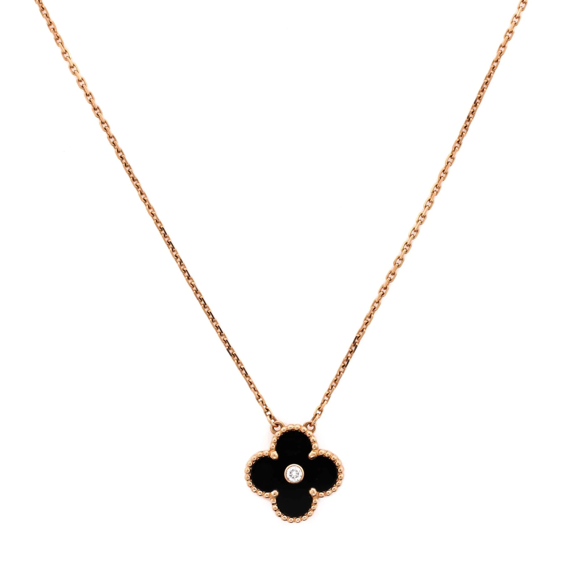 Vintage Alhambra Pendant Necklace 18K Rose Gold and Onyx with Diamond