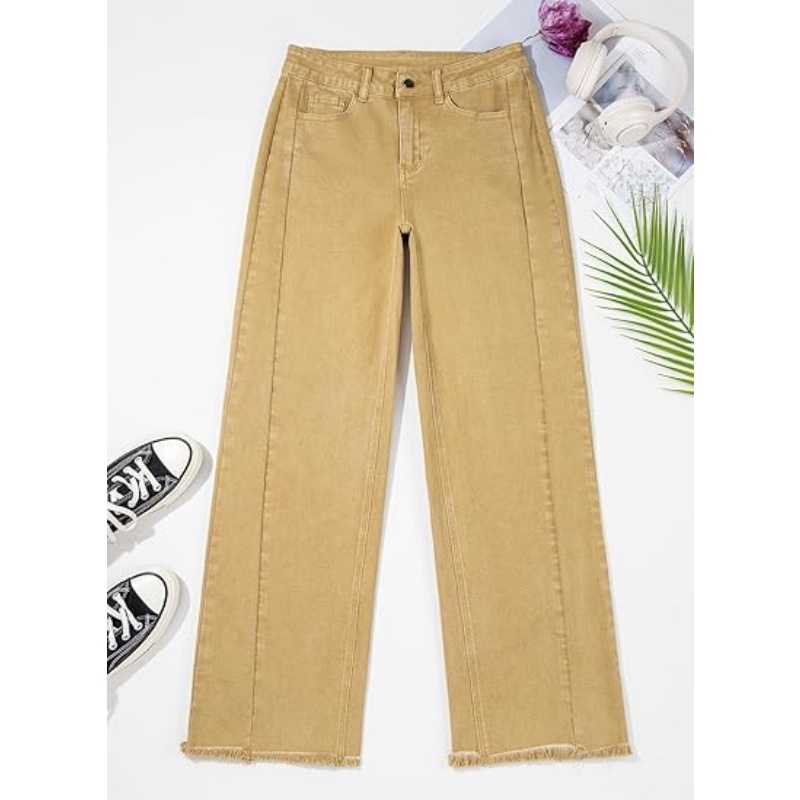 Women's High Waisted Stretchy Wide Leg Raw Hem Denim Jeans