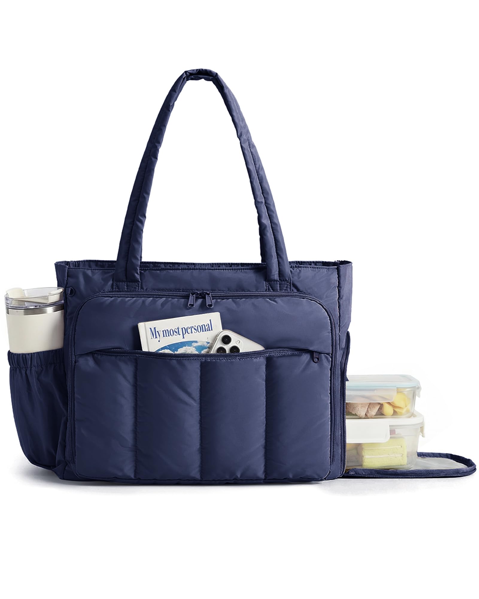 BAGSMART Tote Bag for Women, Teacher Tote with Insulated Compartment, Large Puffer Work Tote Handbags for Work, Navy Blue