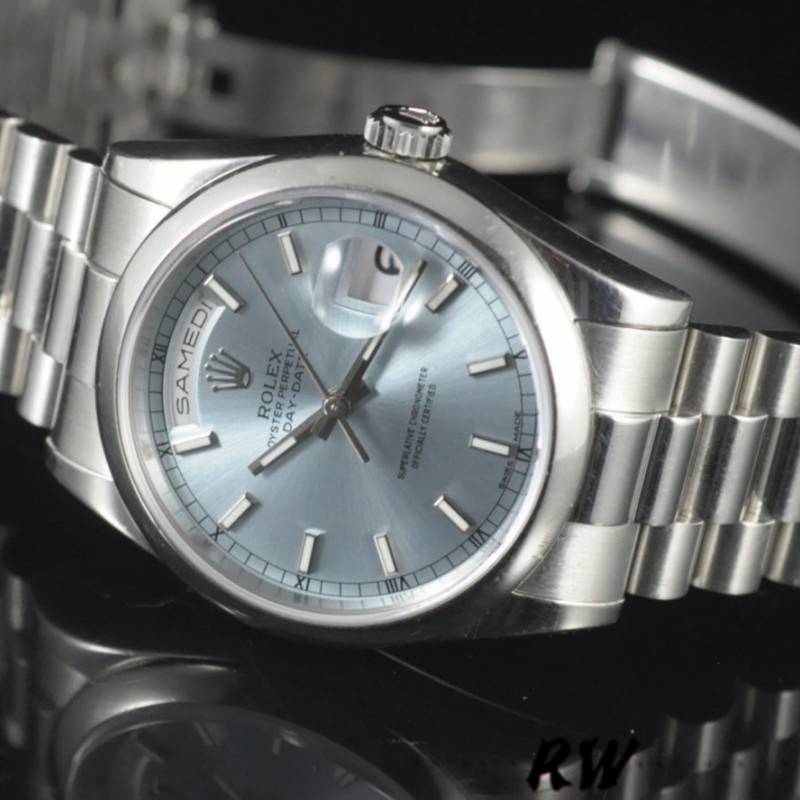 Rolex Day-Date 118206 Ice Blue Dial Polished Platinum Bezel 36mm Unisex Replica Watch