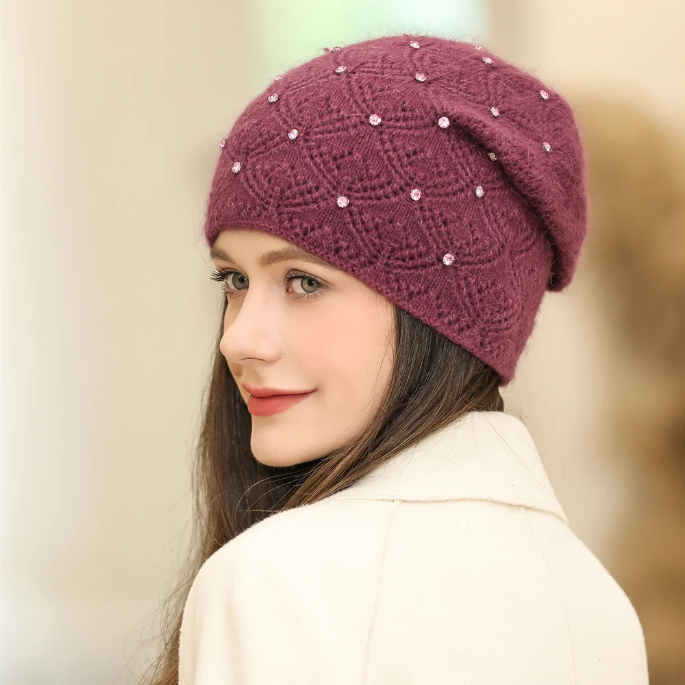 Women Winter Hat Streetwear Rabbit Fur Blend Warm Cap Fashion Decorate Beanie Hat For Female Casual Knitted New Hat
