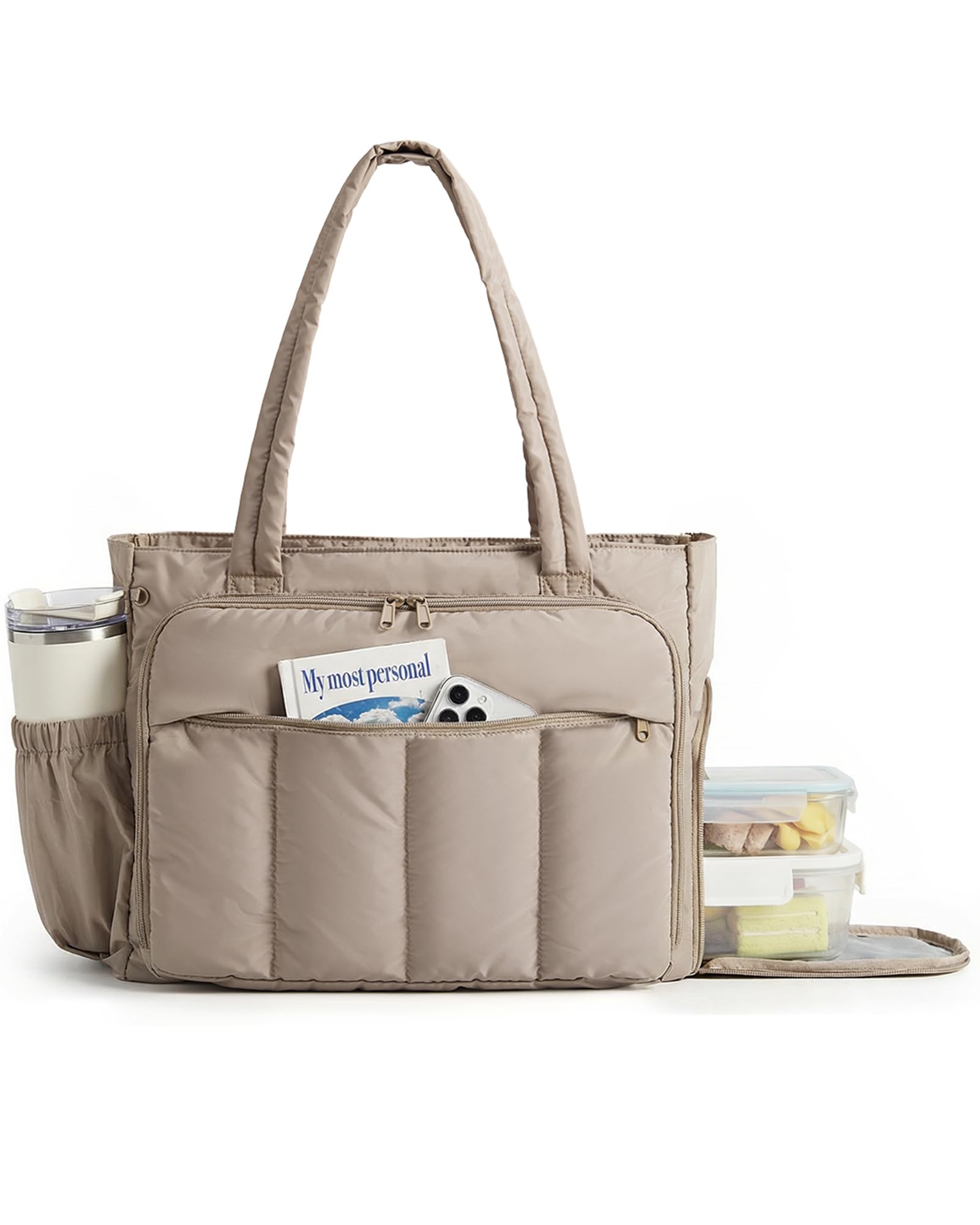 BAGSMART Tote Bag for Women, Teacher Tote with Insulated Compartment, Large Puffer Work Tote Handbags for Work, Camel