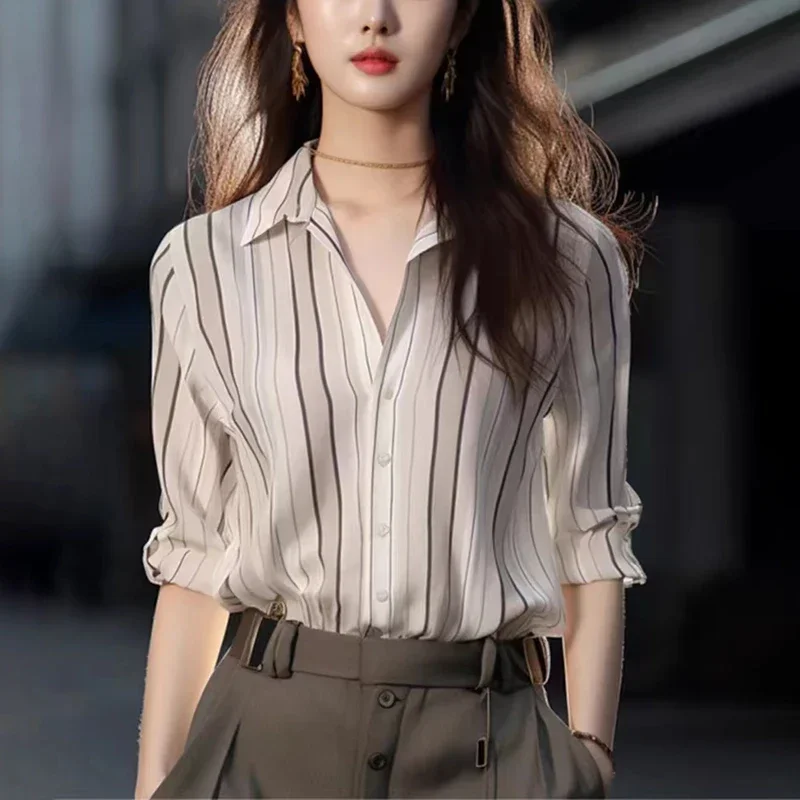 Stripe Women Shirt Vintage Blouse 2026 Fashion Spring Autumn Womens Tops Casual Female Clothing Loose Elegant Shirts for Women