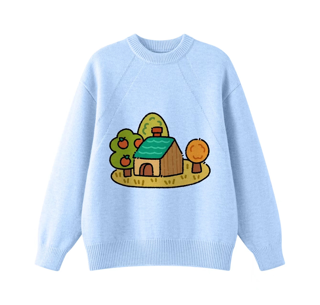 This adorable knit sweater, featuring a pattern of trees surrounding a house and a crew neck pullover design, is an ideal choice for winter wear.