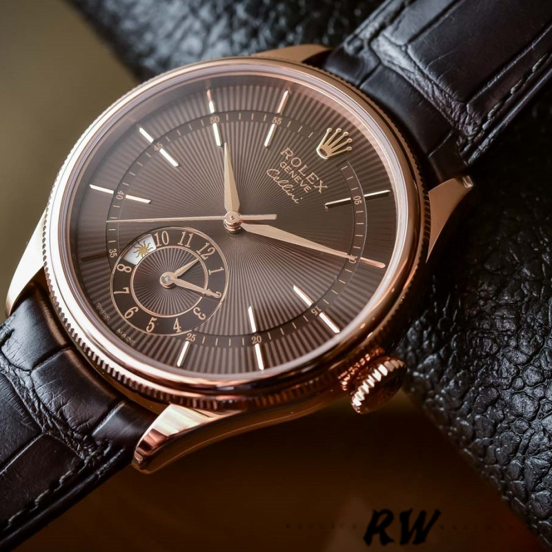 Rolex Cellini Dual Time 50525 Brown Guilloche Dial Brown Leather Strap 39mm Mens Replica Watch